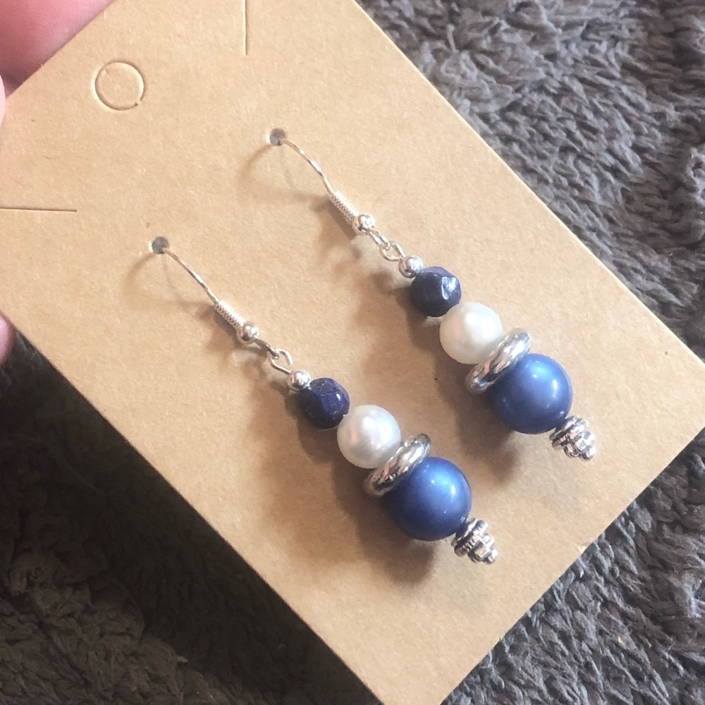 Handcrafted glass beads genuine stone sodalite dangle earrings
